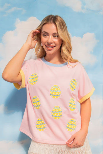 Sequin Easter Eggs on Pink Top