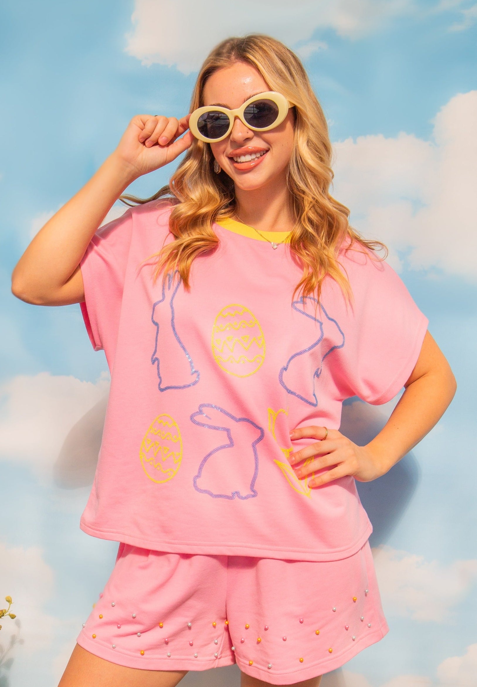 Sequin Easter Elements on Pink Top