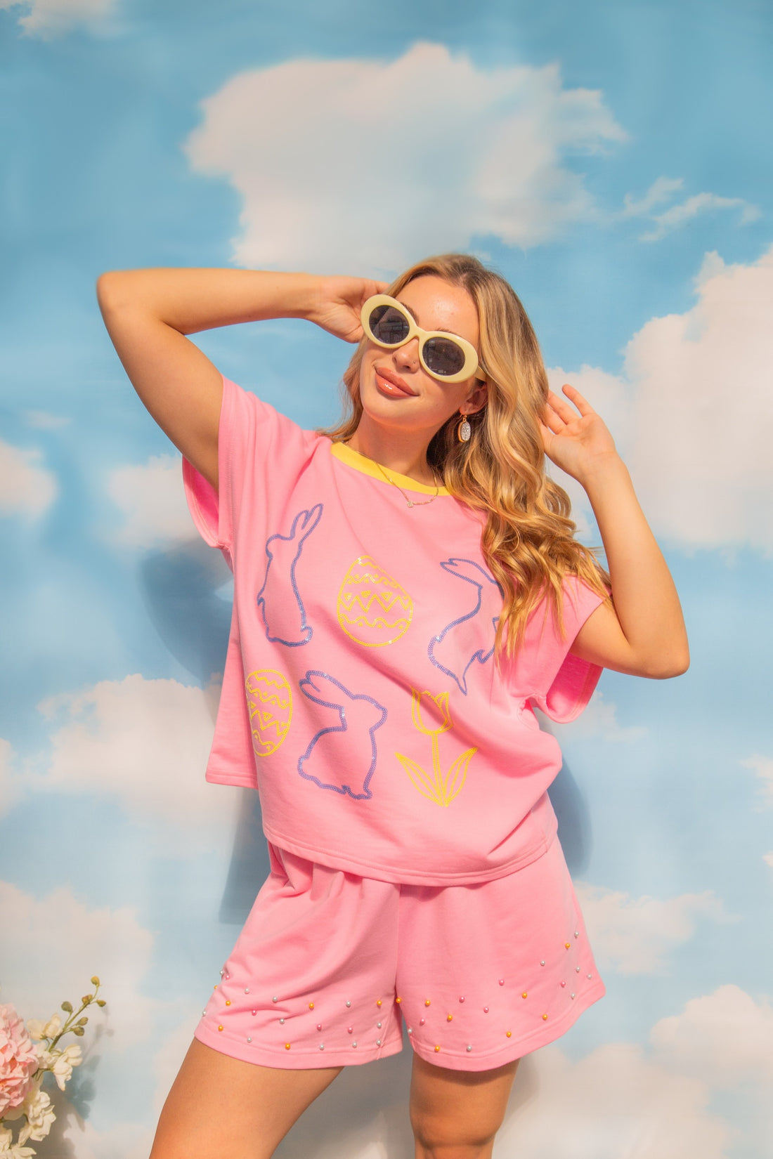 Sequin Easter Elements on Pink Top