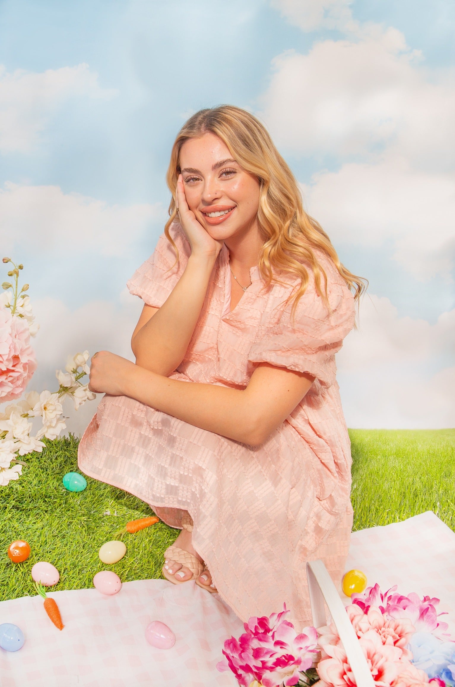 V-Neck Checkered Dress, Pink