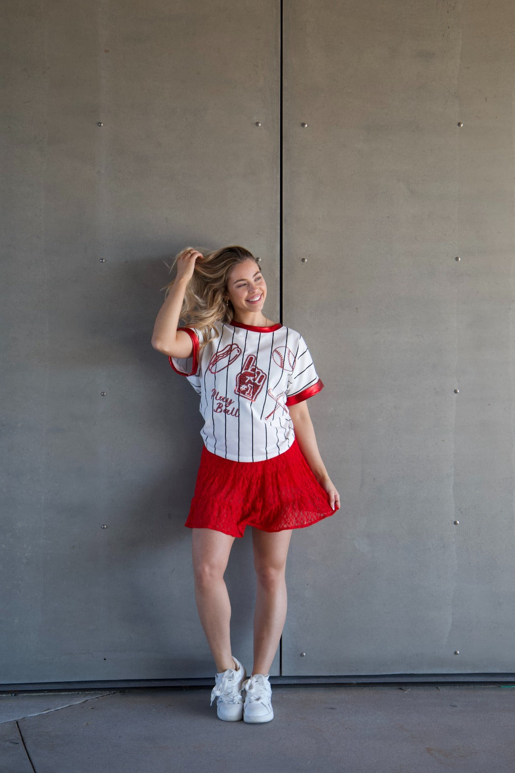 Lace Skirt with Shorts, Red