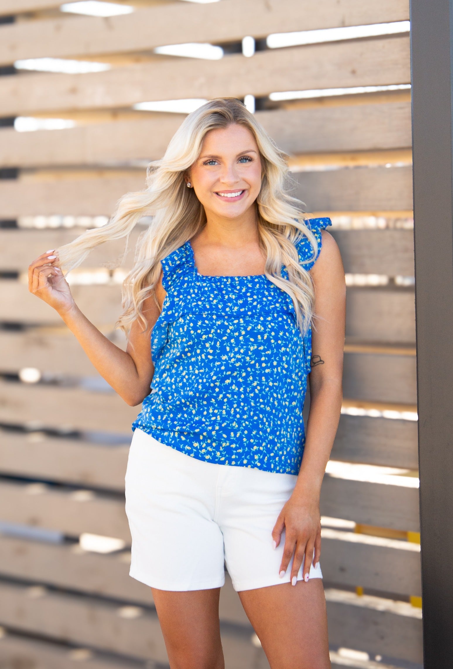 Tank Top with Flounce, Blue Floral