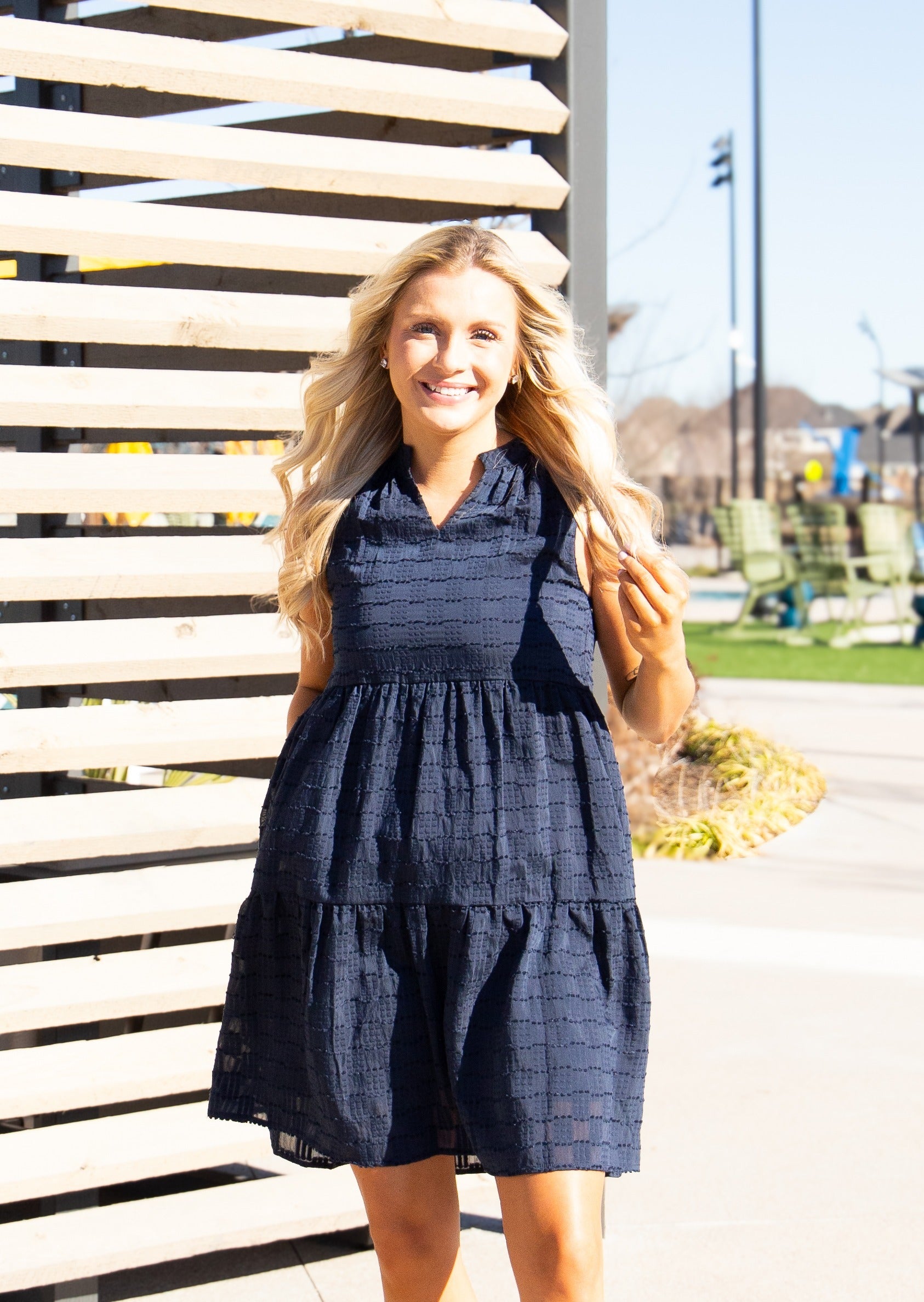 Sleeveless Tiered Dress, Navy Checkered