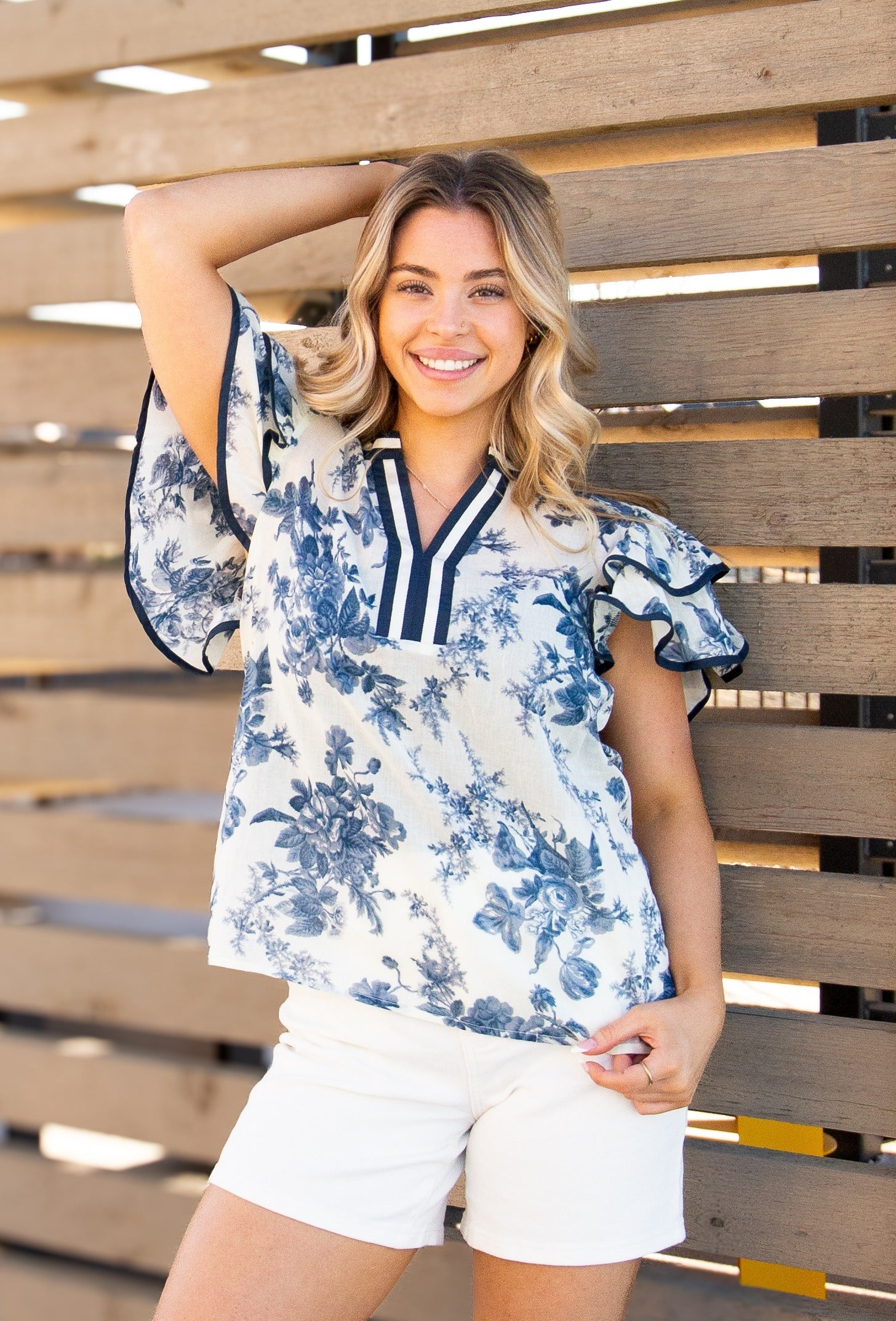 V-Neck Flutter Sleeve Top, Blue Floral