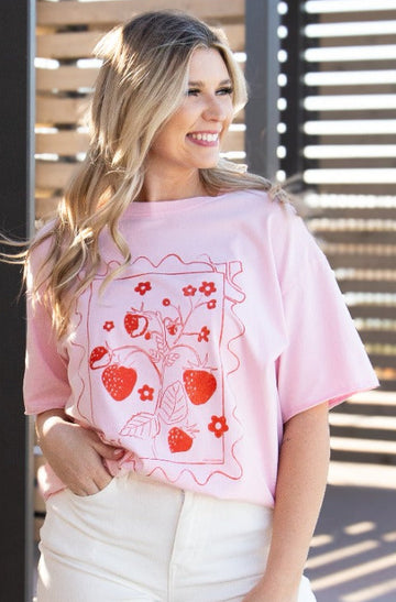 Strawberry Stamp On Pink Relaxed Fit Tee