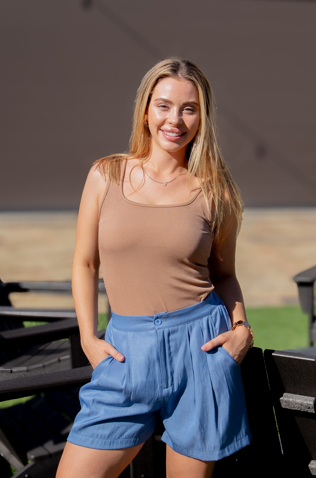 Bella Square Neck Rib Knit Tank Top, Tan