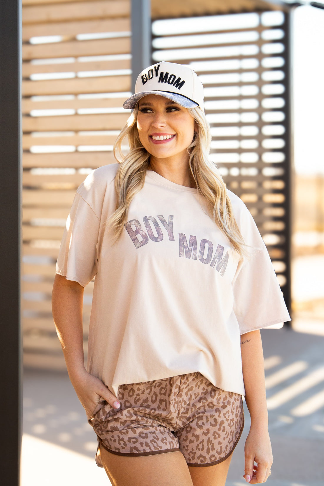 "Boy Mom" on Tan Hat with Camo Bill