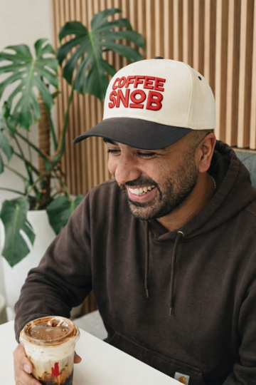 "Coffee Snob" on Tan Cap with Black Bill