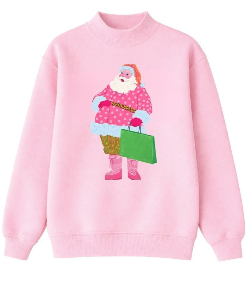 Santa on Mock Neck Sweatshirt, Light Pink