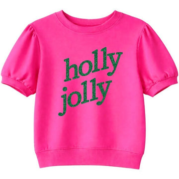 Holly Jolly on Puff Sleeve Tee, Hot Pink