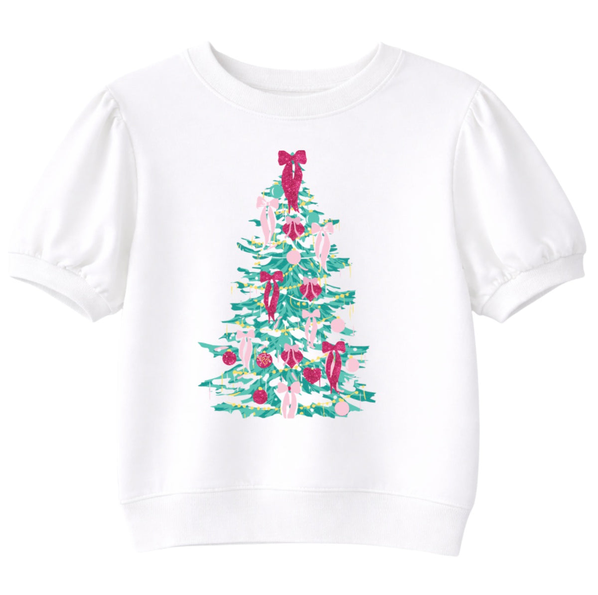 Christmas Trees with Bows on White Puff Sleeve Top