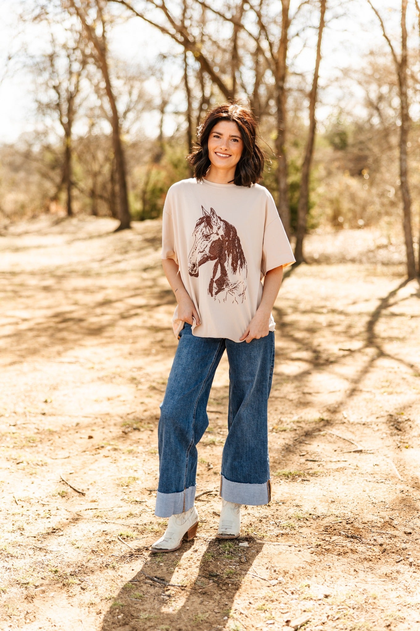 Brown Horse on Beige Boxy Tee - detail shot