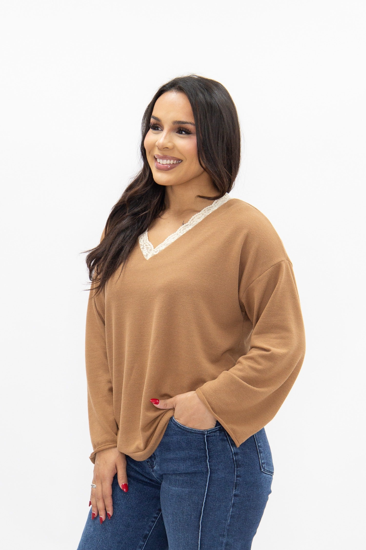 V-Neck Top with Lace Trim, Brown