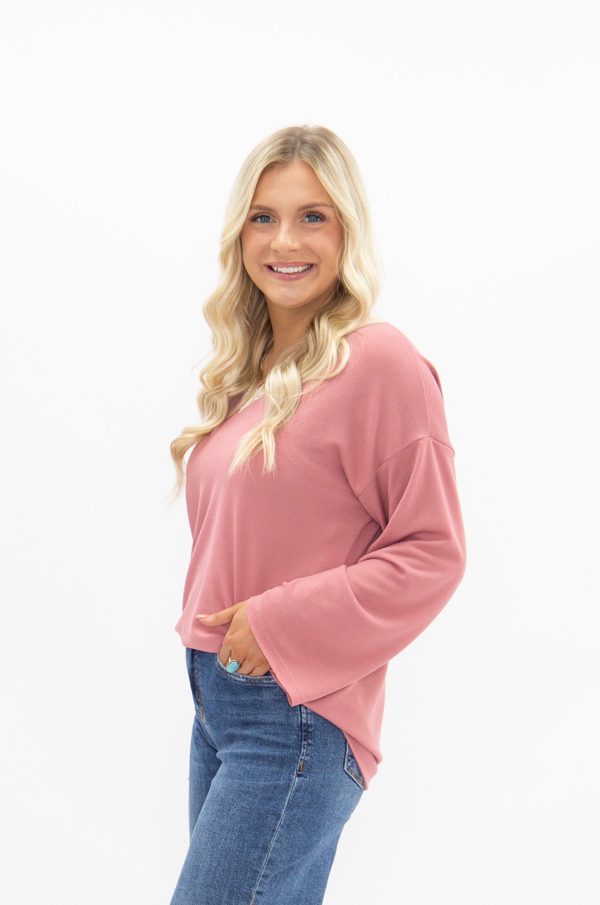 V-Neck Top with Lace Trim, Dusty Rose