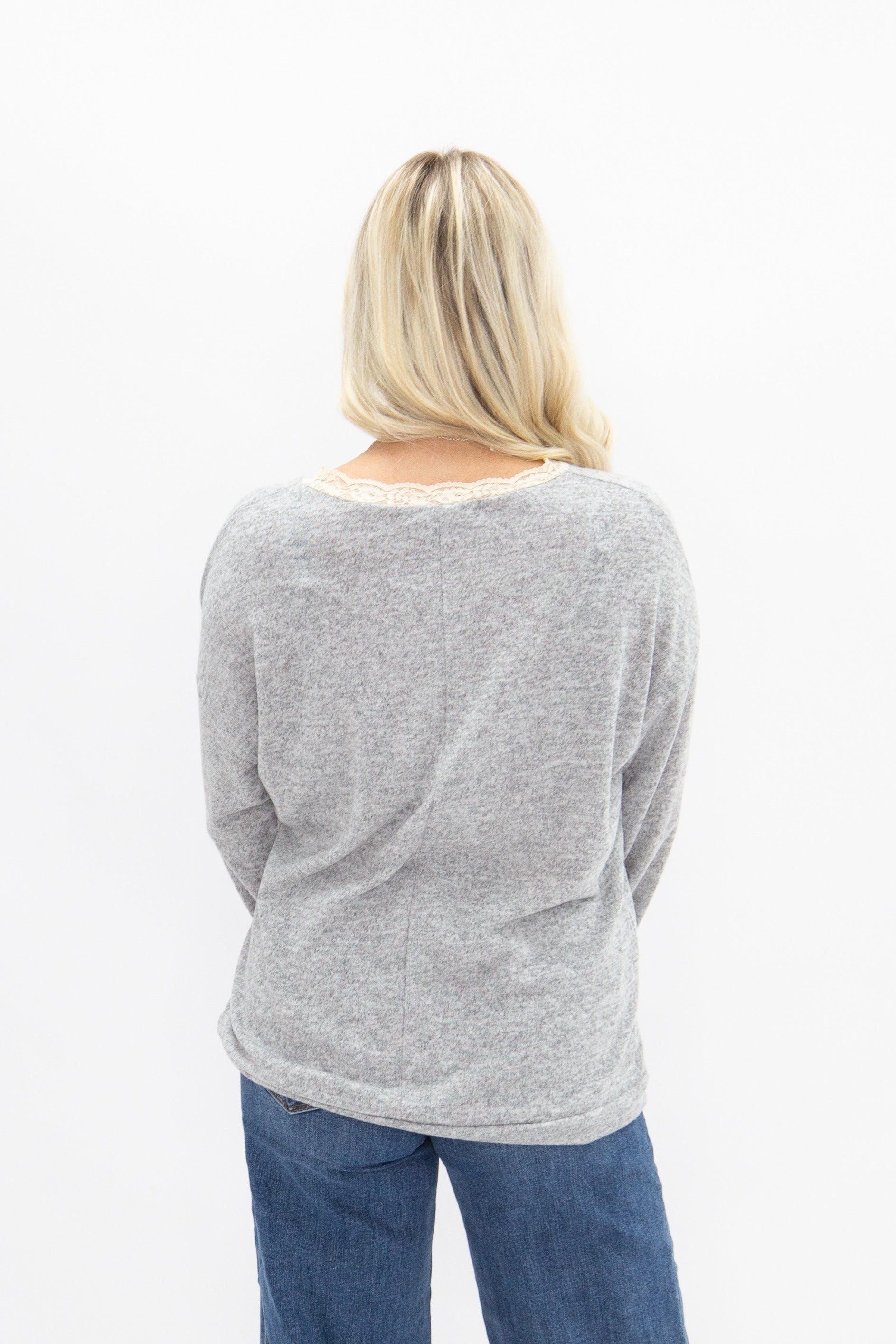 V-Neck Top with Lace Trim, Grey - fit detail