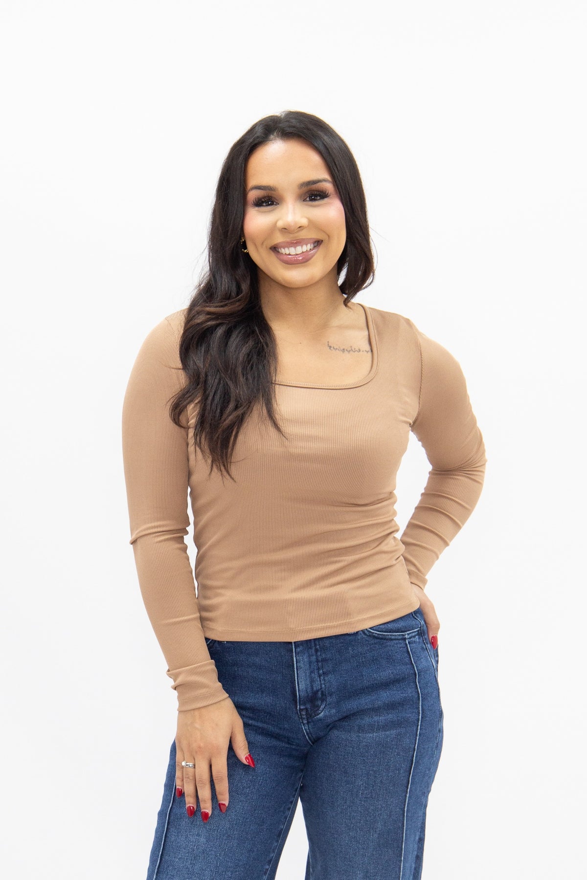 Square Neck Long Sleeve Top, Tan