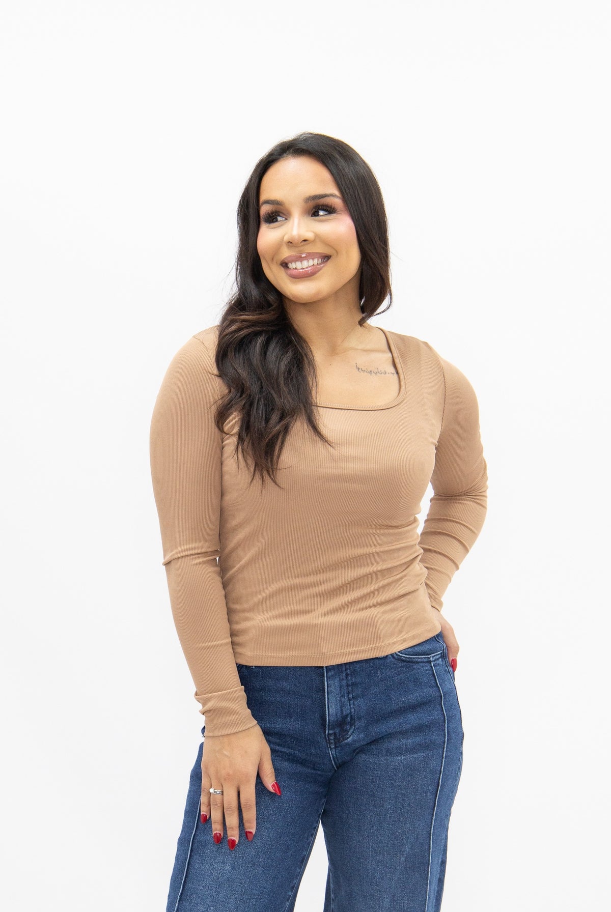 Square Neck Long Sleeve Top, Tan
