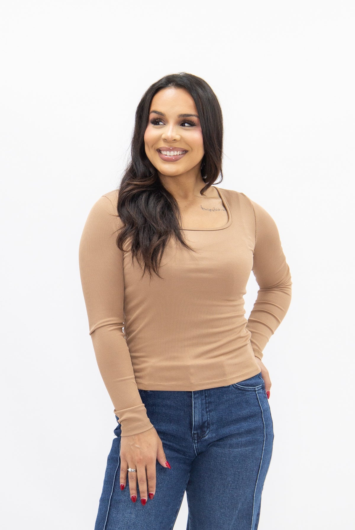 Square Neck Long Sleeve Top, Tan