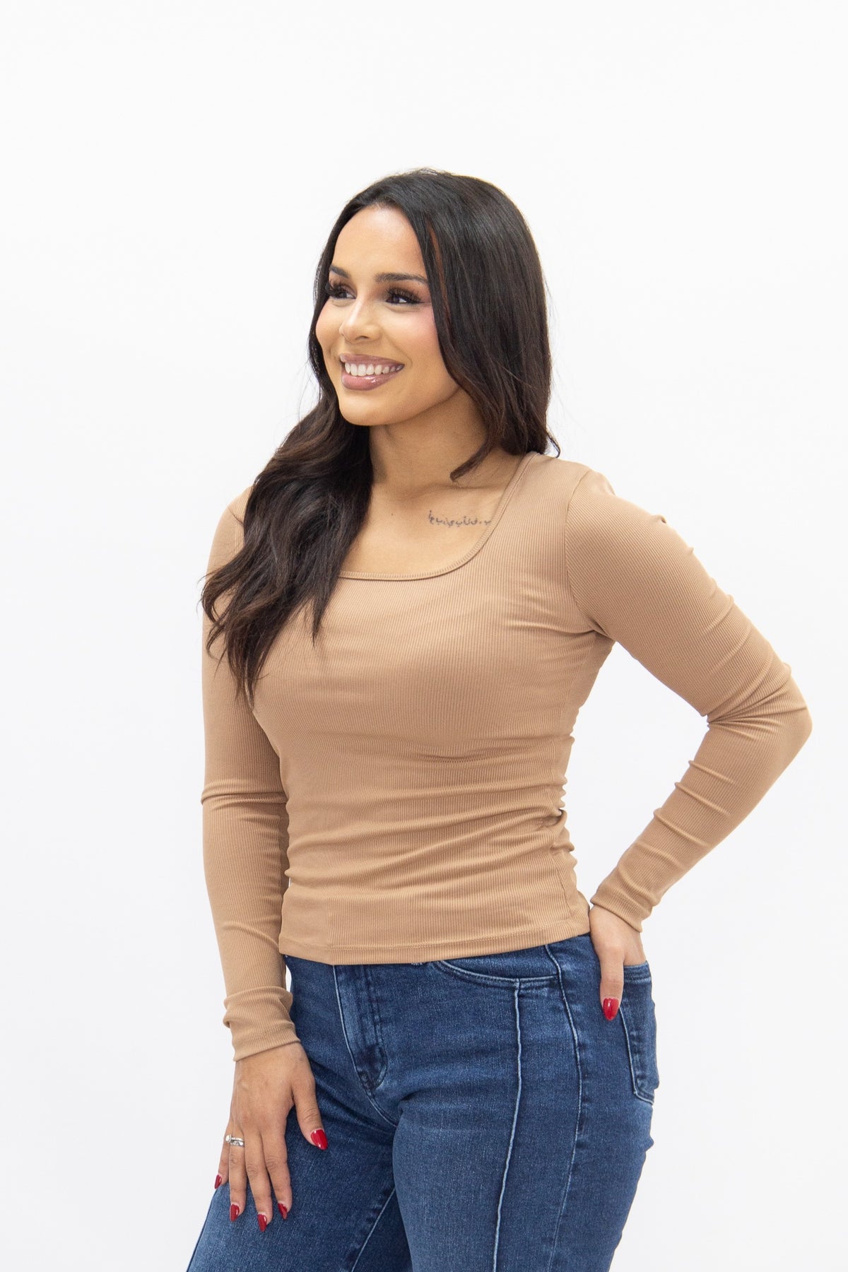 Square Neck Long Sleeve Top, Tan