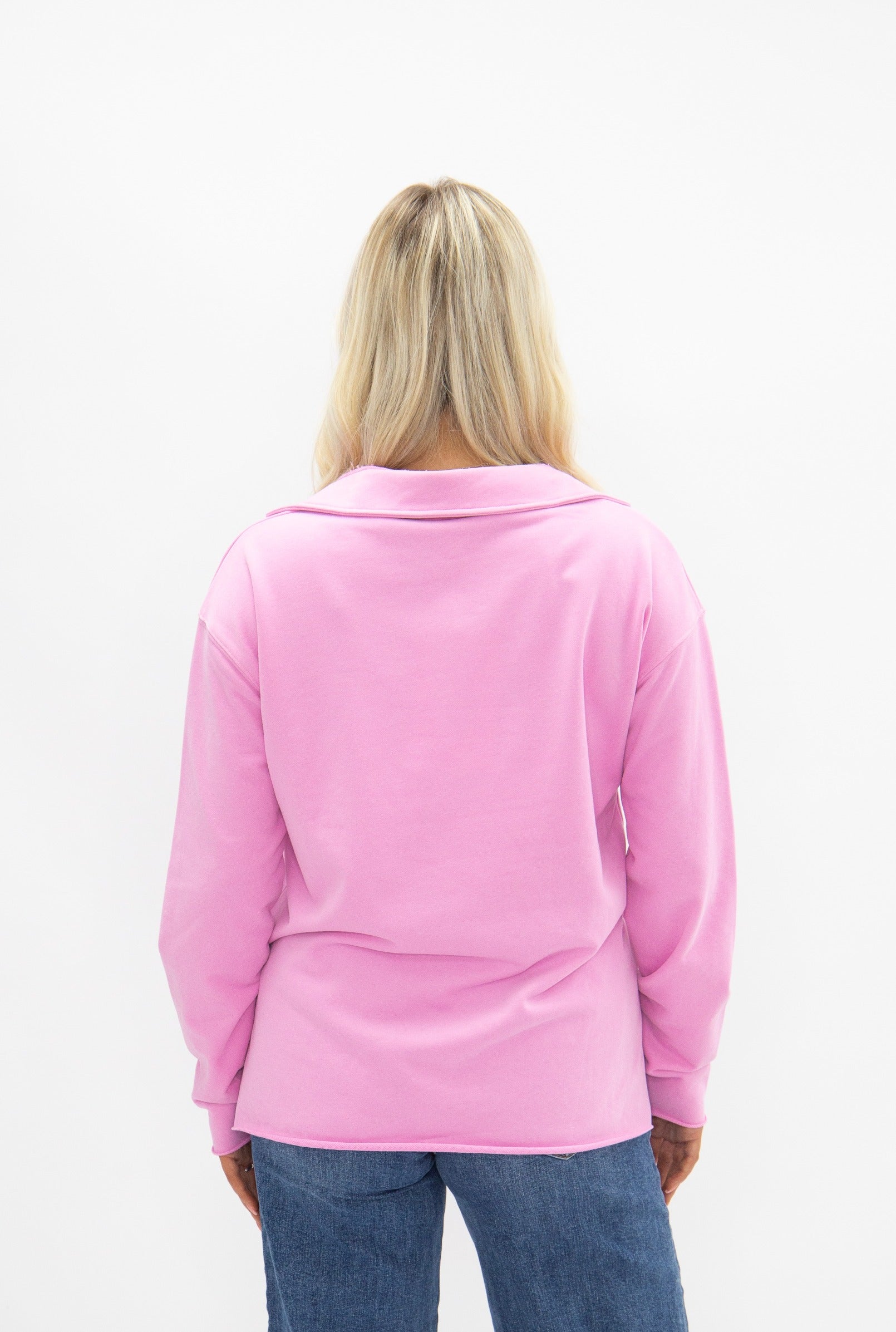 Grace+Emma V-Neck Collared Pullover in Pink — full-length styling