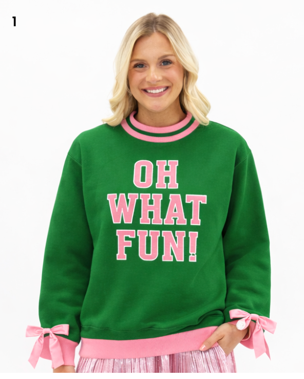 "Oh What Fun" on Green Mock Neck Top