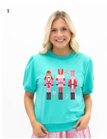Nutcrackers on Mint Puff Sleeve Top