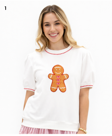 Gingerbread Man Patch on Ivory Puff Sleeve Top