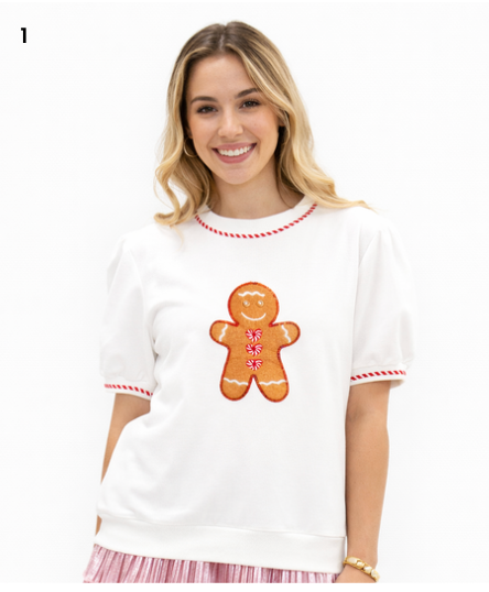 Gingerbread Man Patch on Ivory Puff Sleeve Top
