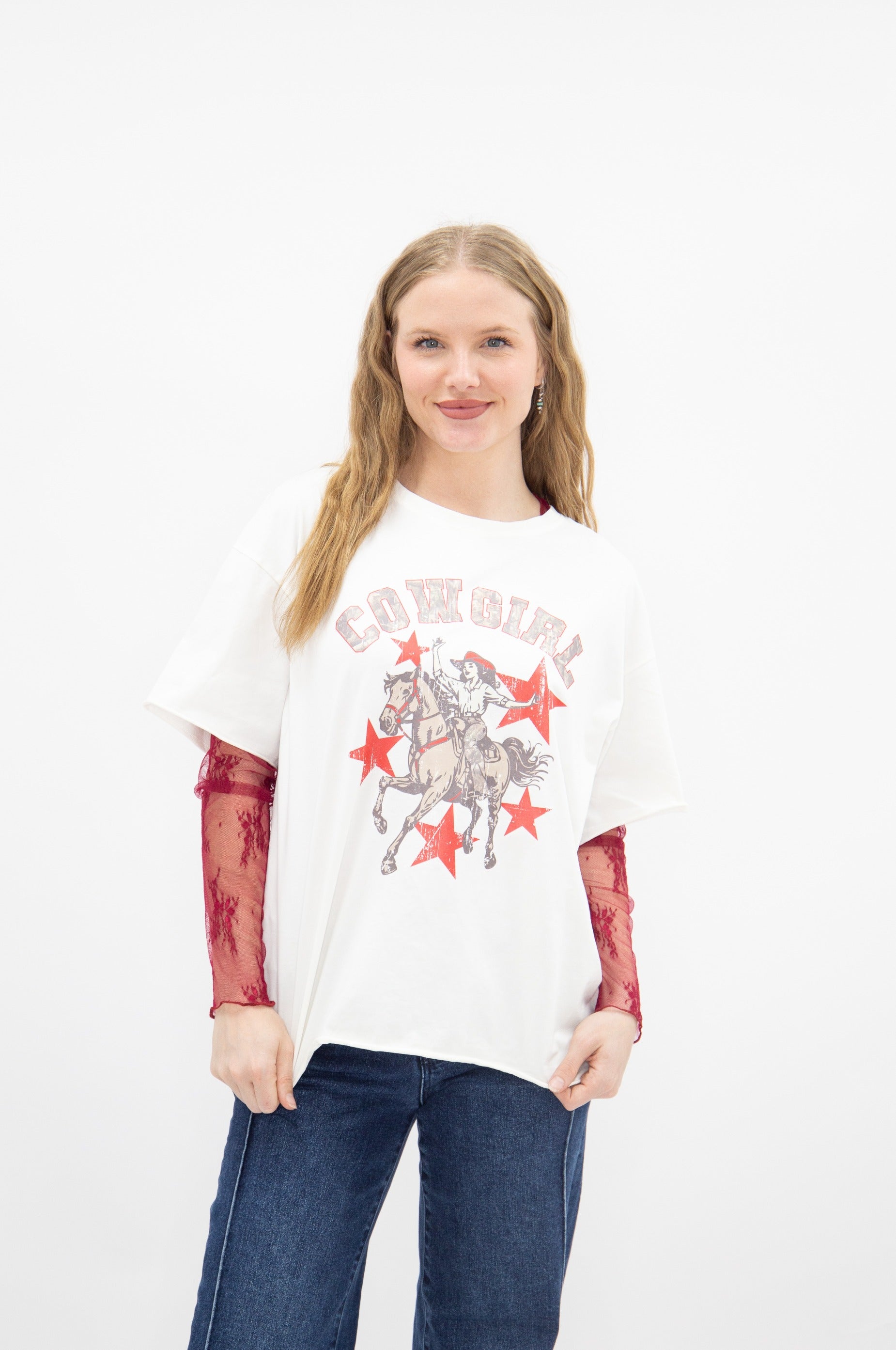 Cowgirl Stars on White Boxy Tee
