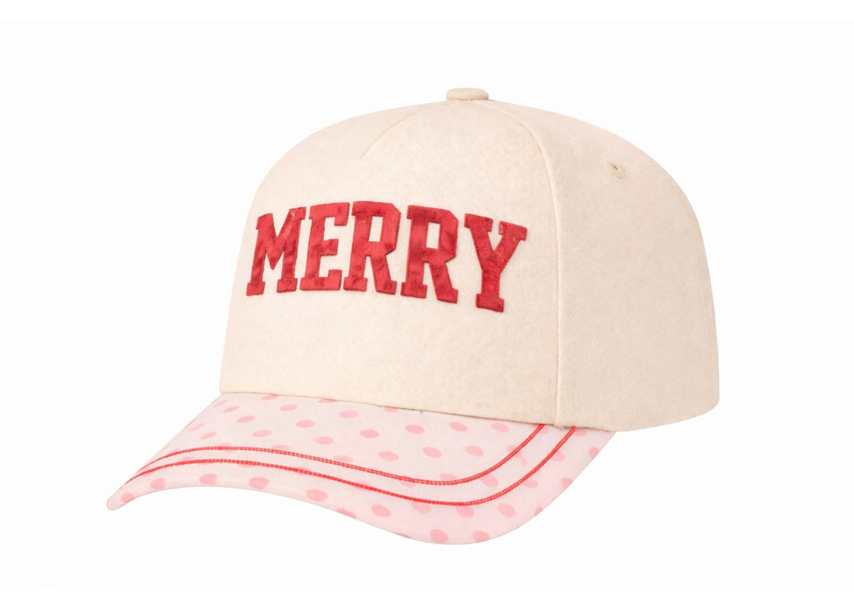 "MERRY "on Tan Cap with Puff Embroidery