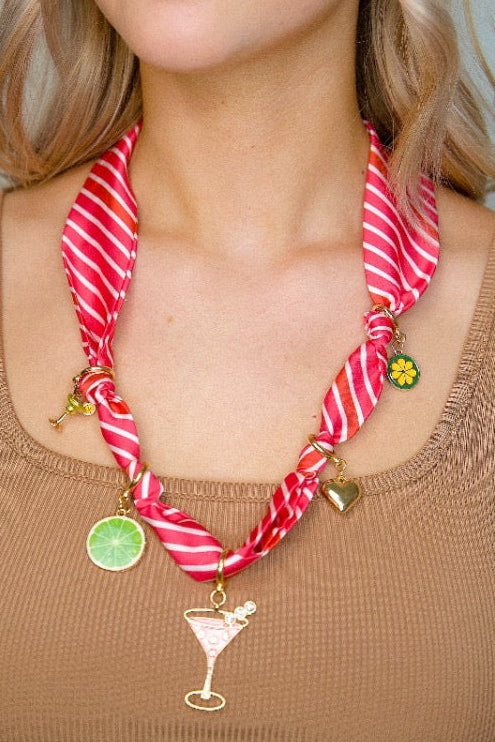 Pink Scarf Necklace with Charms