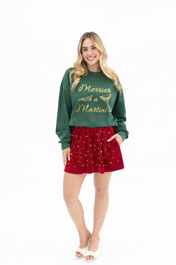 Merrier with a Martini on Mock Neck Sweatshirt, Forest Green