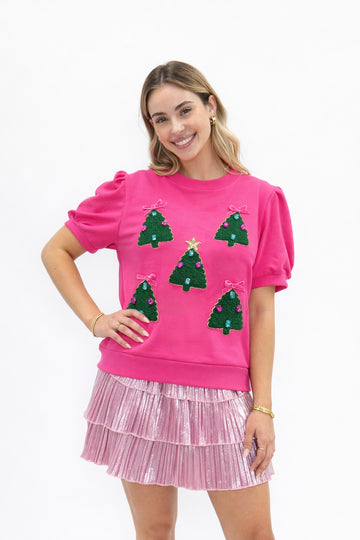 Christams Tree Patches on Hot Pink Long Sleeve Top
