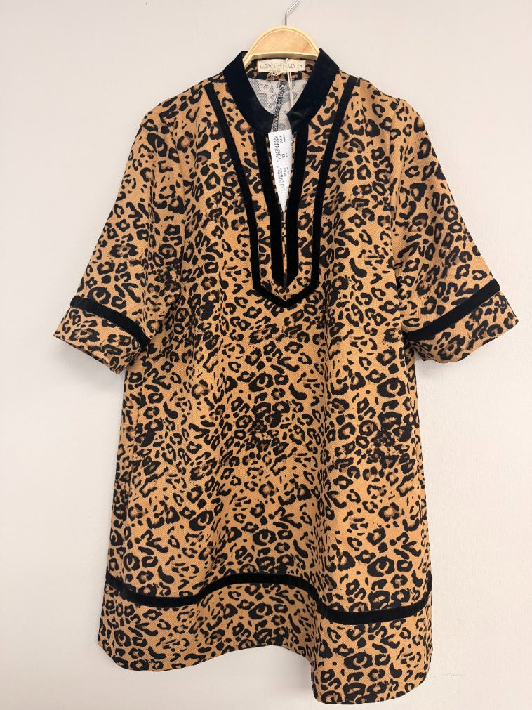 Tunic Dress with Velvet Trim, Leopard