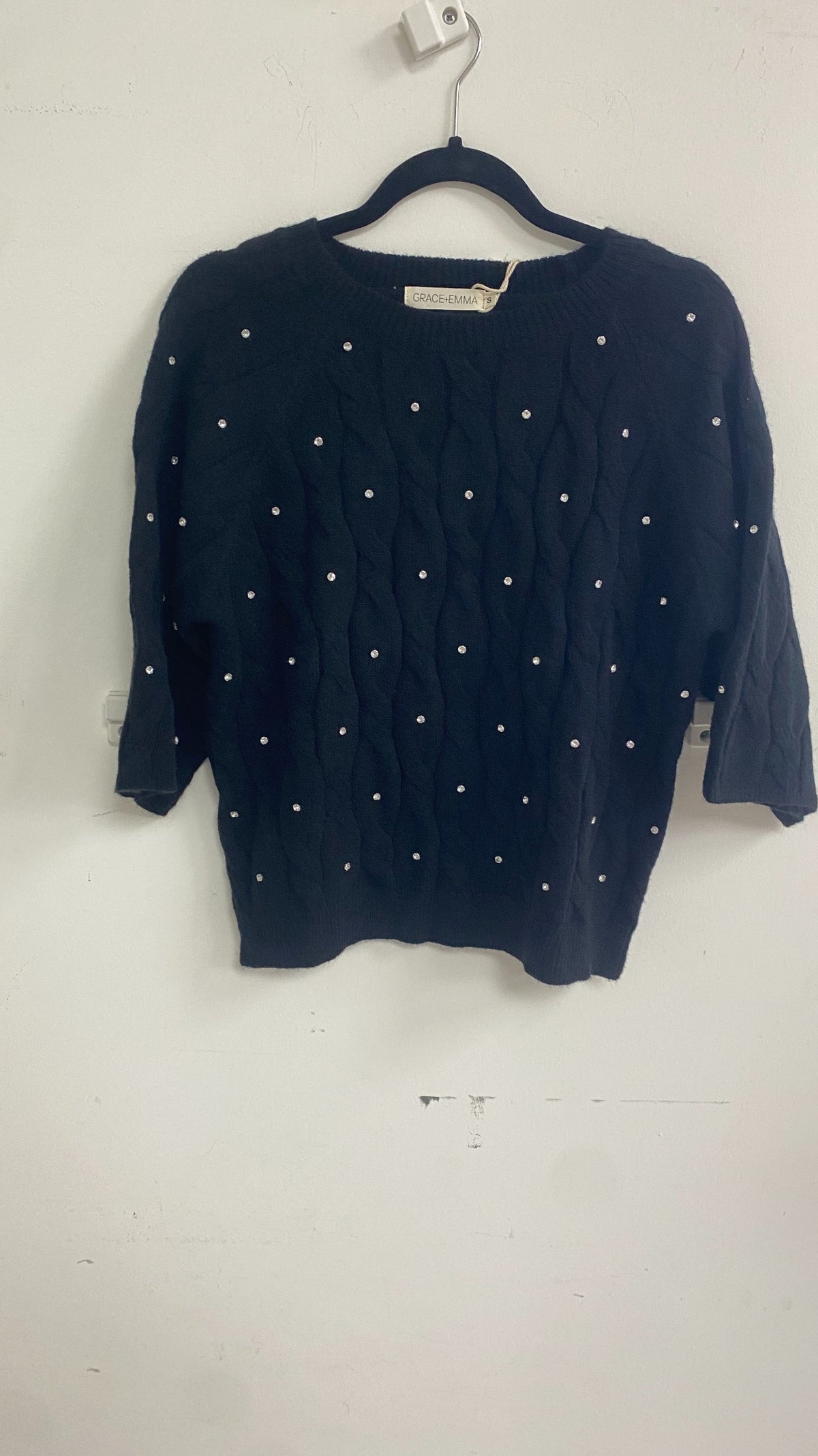 Black Cable Sweater with Rhinestones