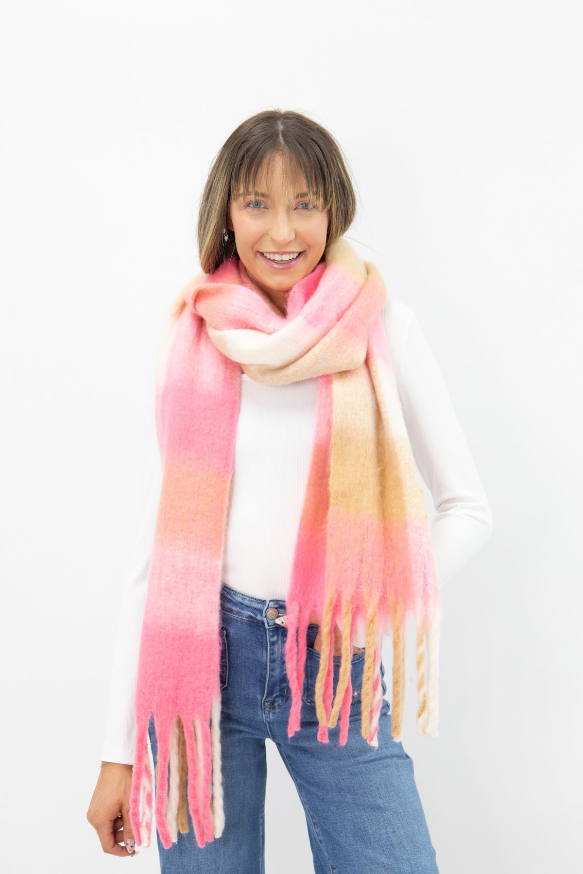 Brushed Woven Scarf, Pink & Tan Plaid