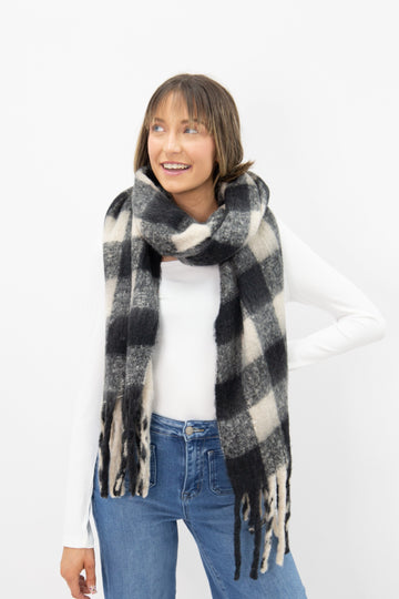 Brushed Woven Scarf, Black & White Plaid