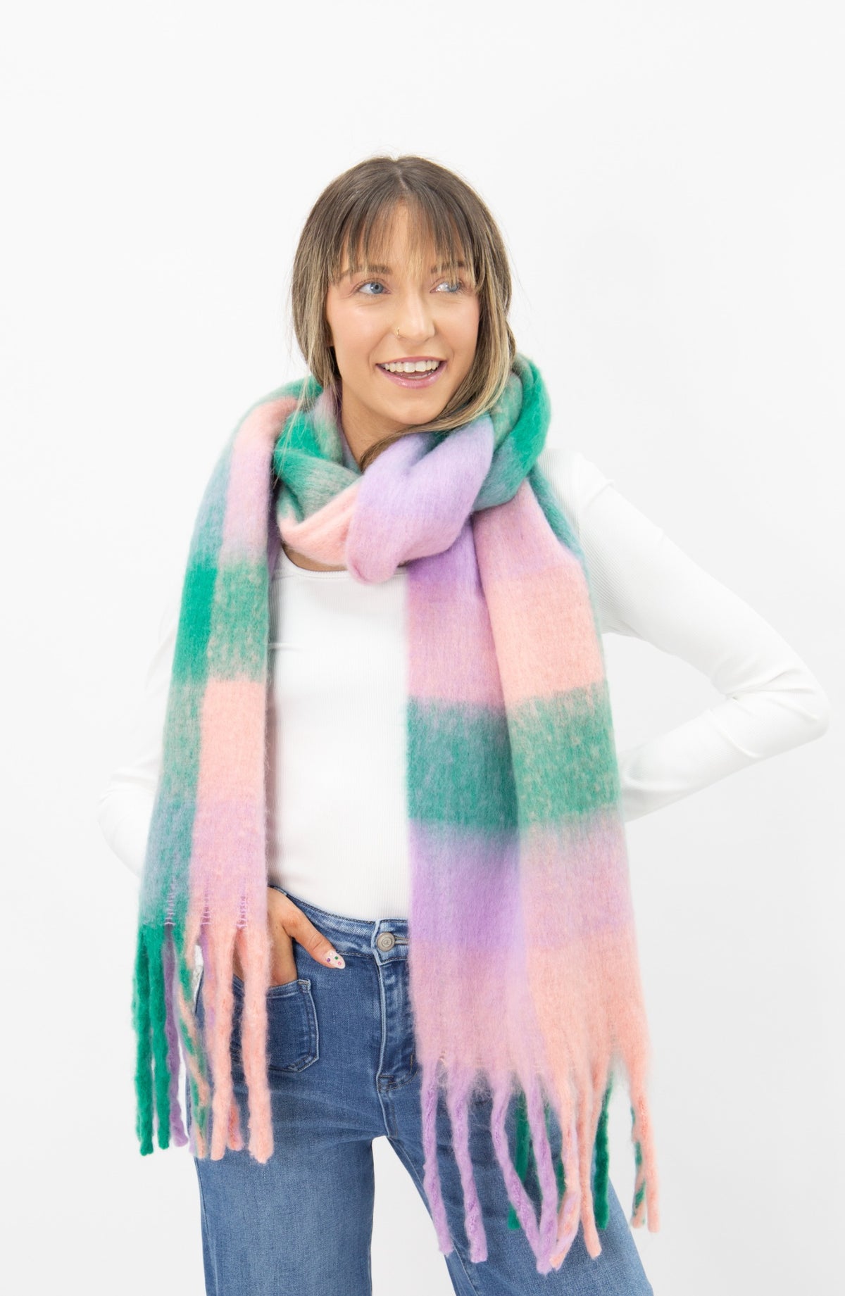 Brushed Woven Scarf, Pink/Purple/Green Plaid