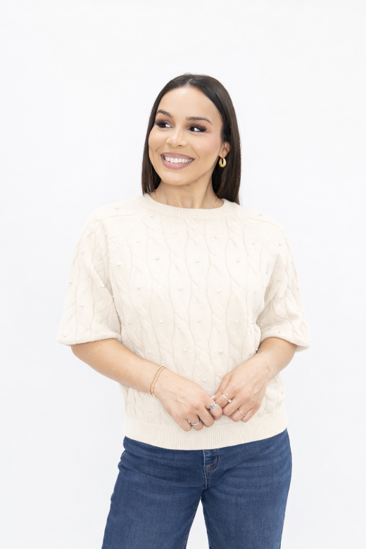 Cream Cable Sweater with Rhinestones
