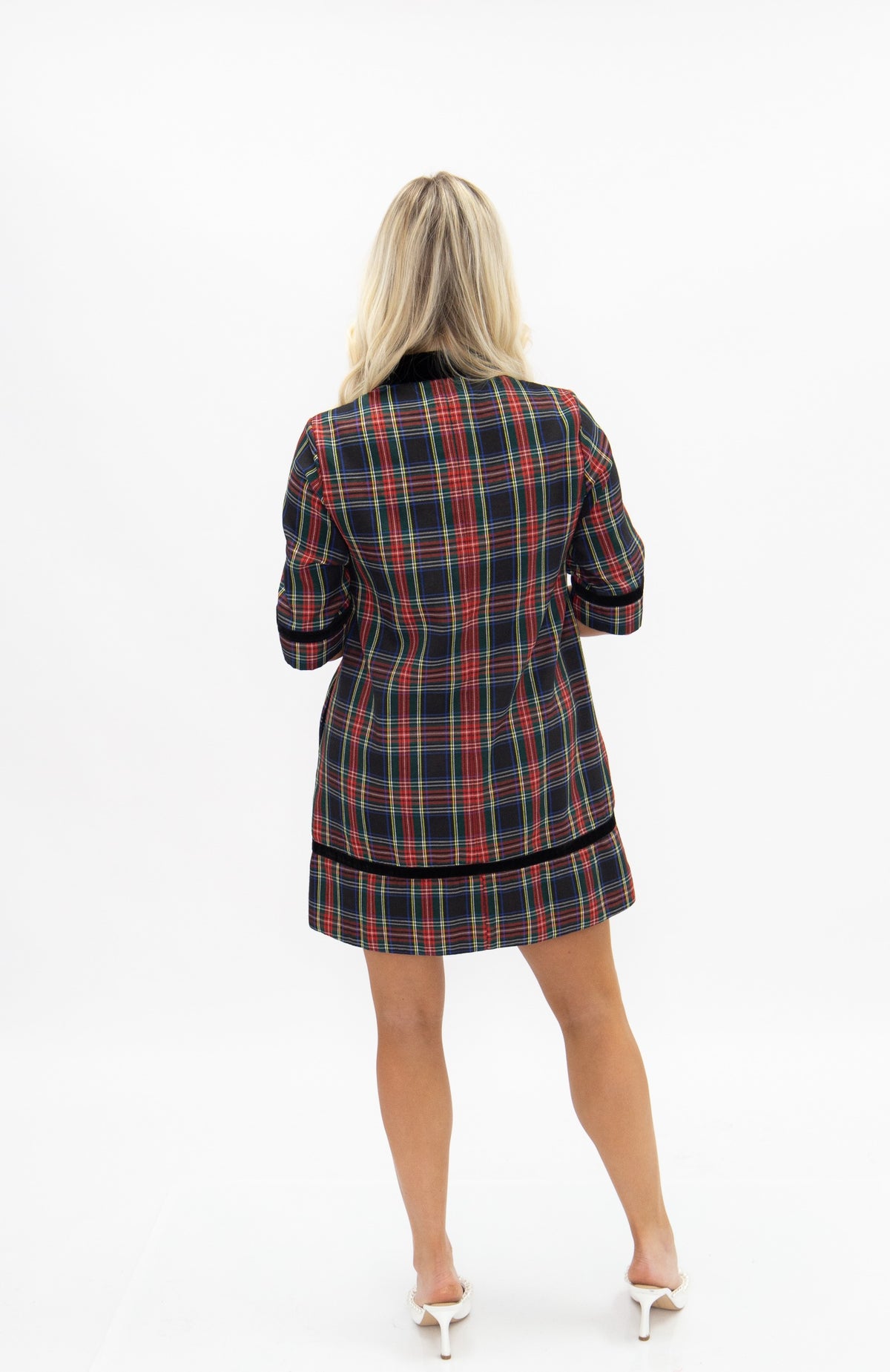 Tunic Dress with Velvet Trim, Navy Plaid