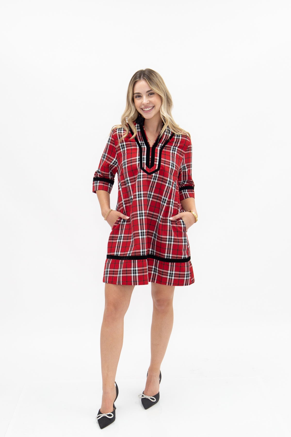 Tunic Dress with Velvet Trim, Red Plaid