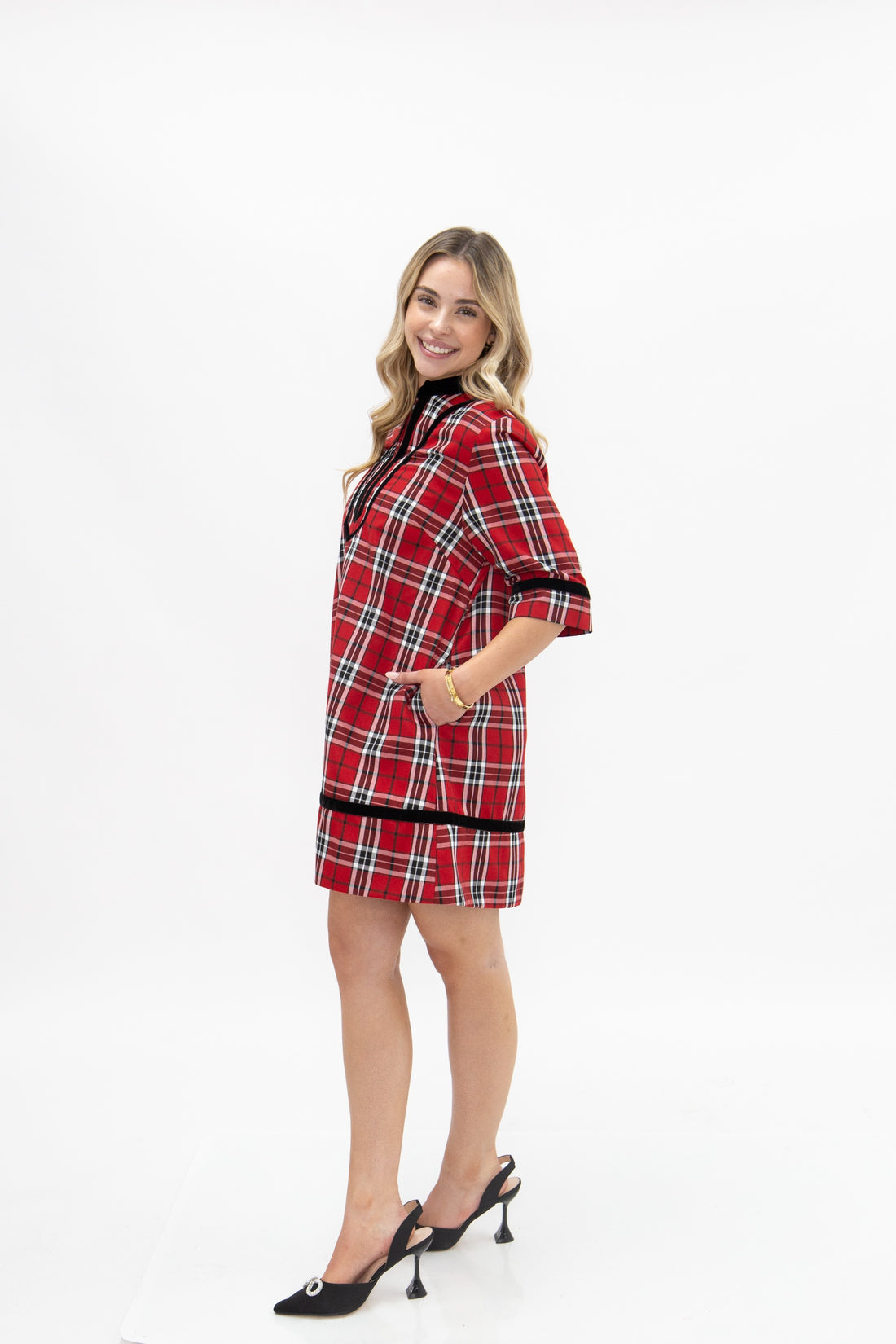 Tunic Dress with Velvet Trim, Red Plaid