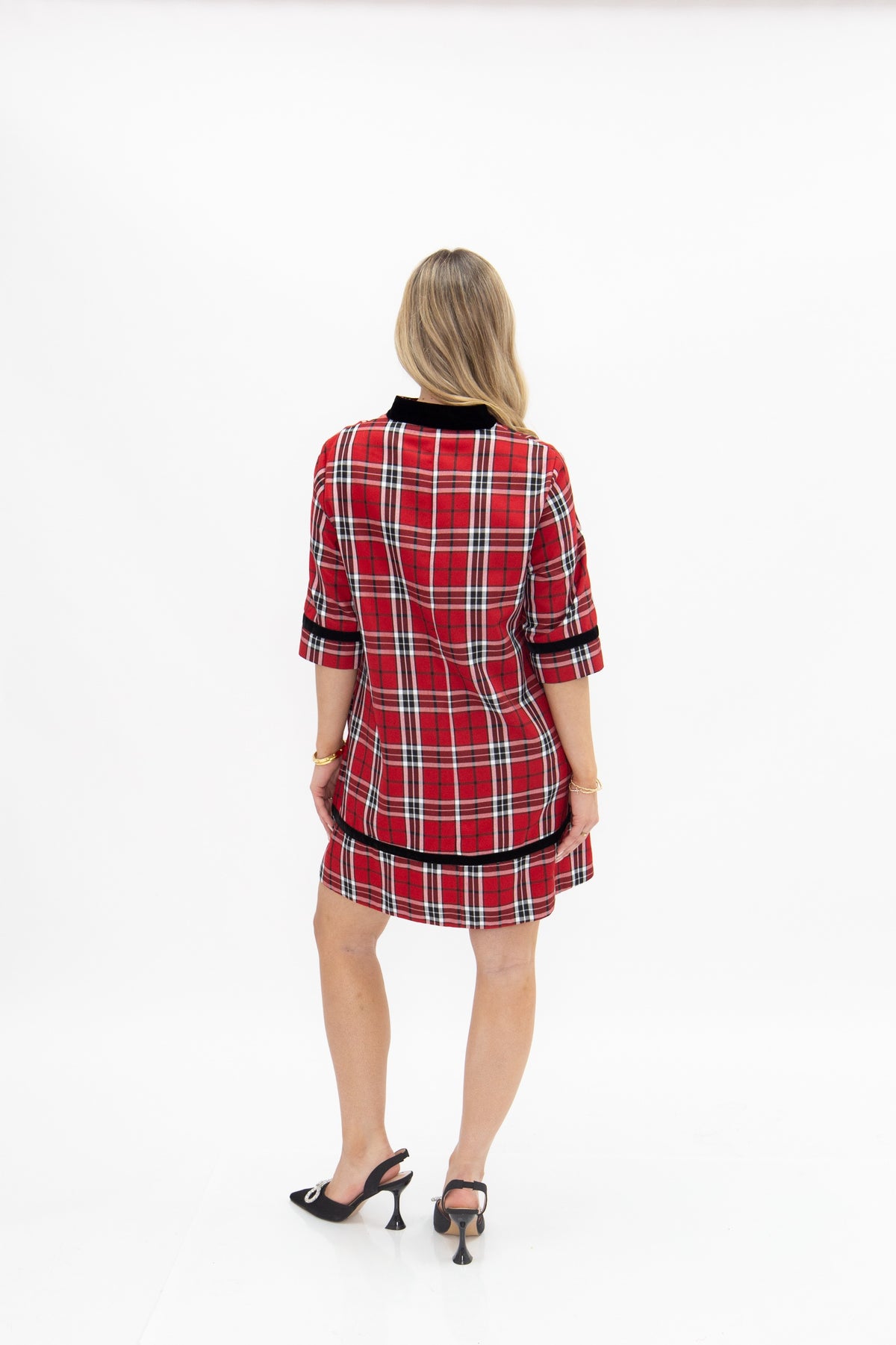Tunic Dress with Velvet Trim, Red Plaid