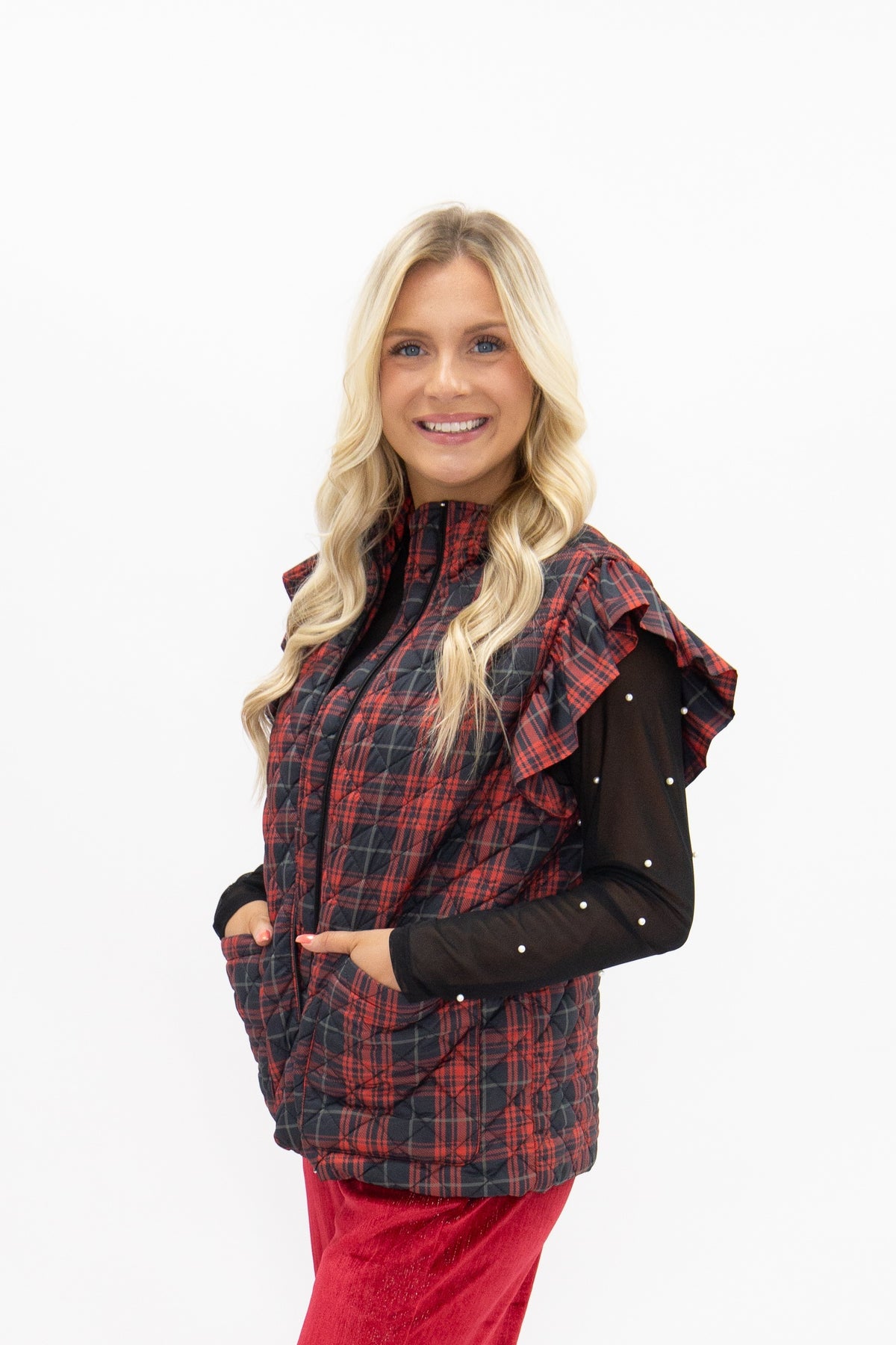 Plaid Puffer Vest, Red