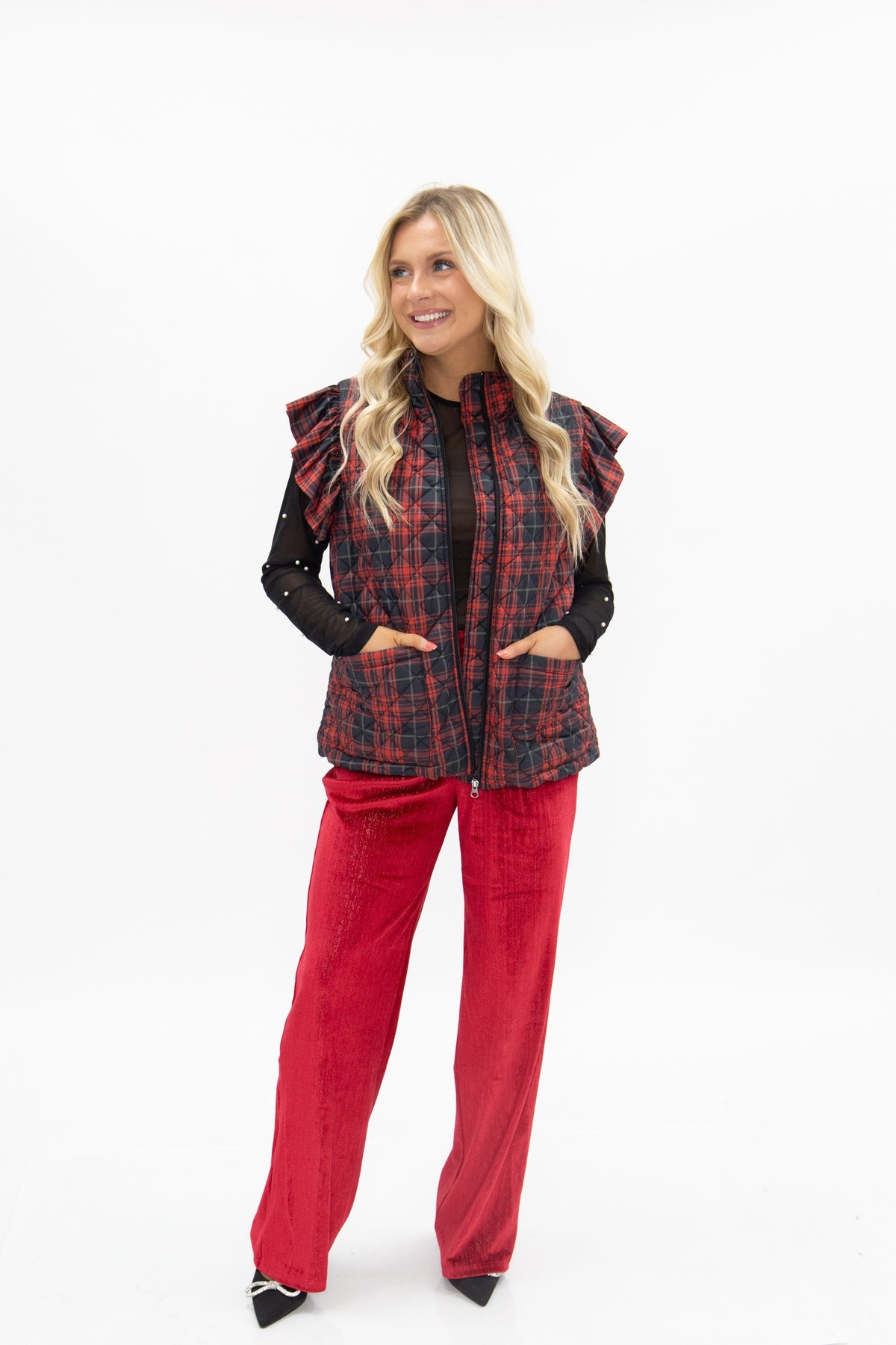 Plaid Puffer Vest, Red