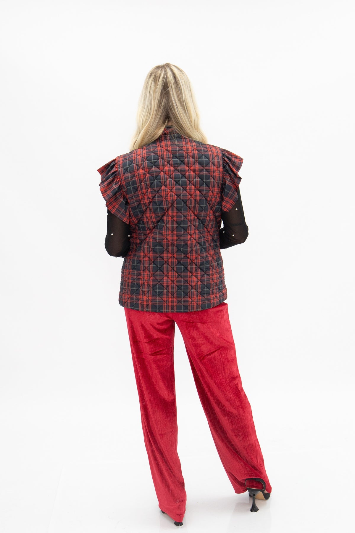 Plaid Puffer Vest, Red