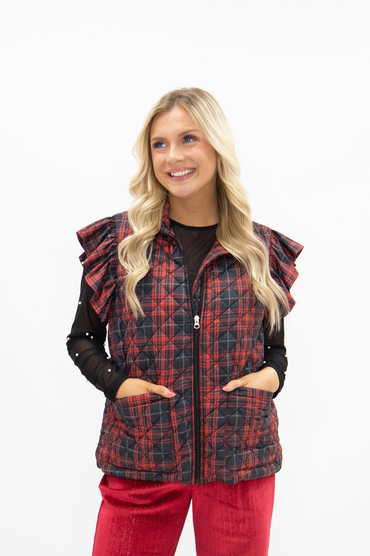 Plaid Puffer Vest, Red