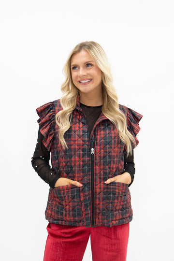 Plaid Puffer Vest, Red