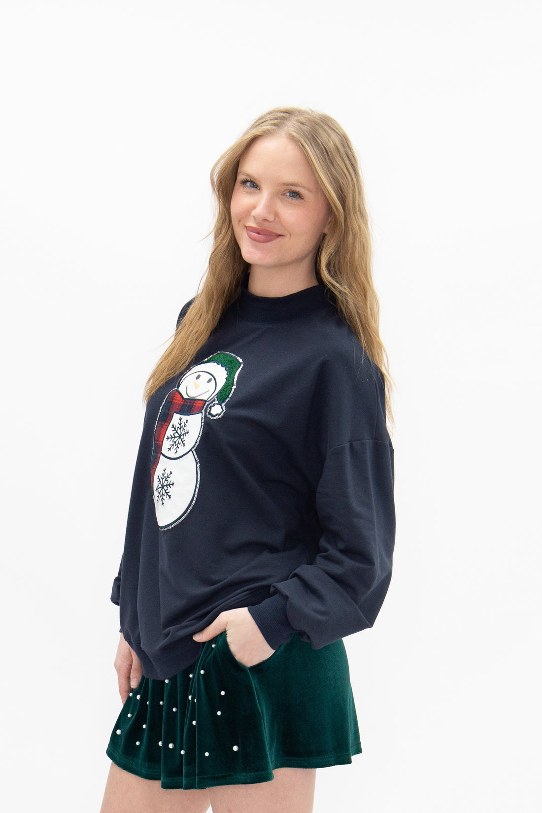Glitter Snowman on Navy Mock Neck Top