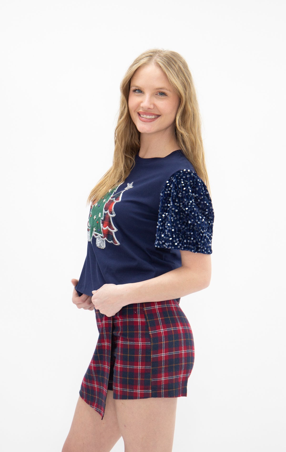 Festive Forest on Princess Top, Navy Blue